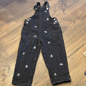Zara Kids Black Denim Overalls with Floral Embroidery